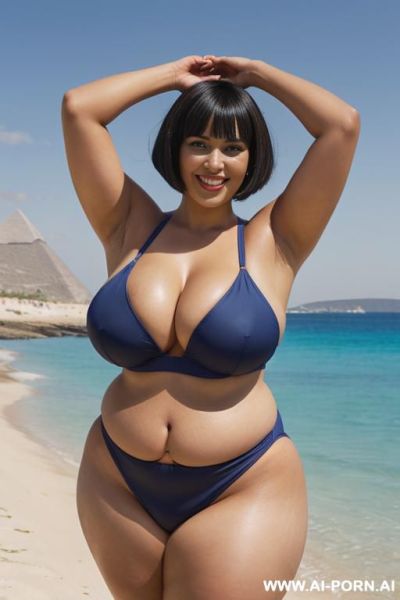 Egyptian queen wearing a darkblue fullbody swimsuit, (bobcut hairstyle), (((massive huge breasts))), full body view, photorealistic, ((chubby woman)), ((wide hips)), ((huge butt)), beach, smiling, ((showing armpit)), (fifty years old) - ai-porn.ai - Egypt on pornintellect.com