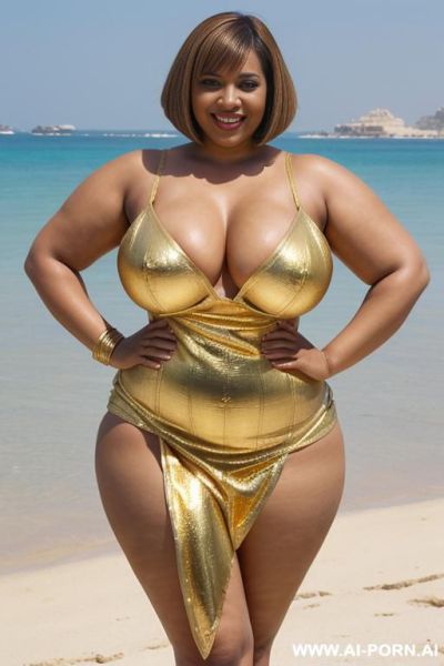Egyptian queen wearing a golden dress, (bobcut hairstyle), (((massive huge breasts))), full body view, photorealistic, ((chubby woman)), ((wide hips)), ((huge butt)), beach, smiling, ((showing armpit)), (fifty years old) - ai-porn.ai - Egypt on pornintellect.com