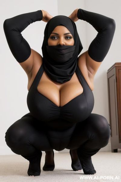 Curvy black bimbo, large gigantic massive oversized breasts, black hijjab that covers her body, happy horny seductive expression, sleepy eyes, kneeling on the floor, bending over, ((arms up)) - ai-porn.ai on pornintellect.com
