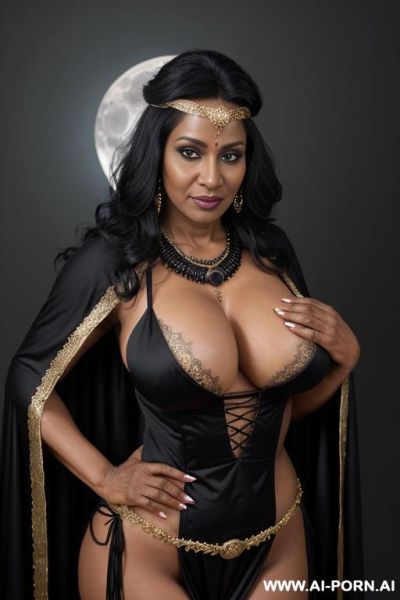 (bold mature pakistani mommy), (seductive eye contact), looking at viewer, (lustful face), (full voluminous hair), (necklaces), , (((perfect round breasts))), noir skin, (((dark black skin))), magical outfit,, wearing magical cape, headband, - ai-porn.ai - Pakistan on pornintellect.com