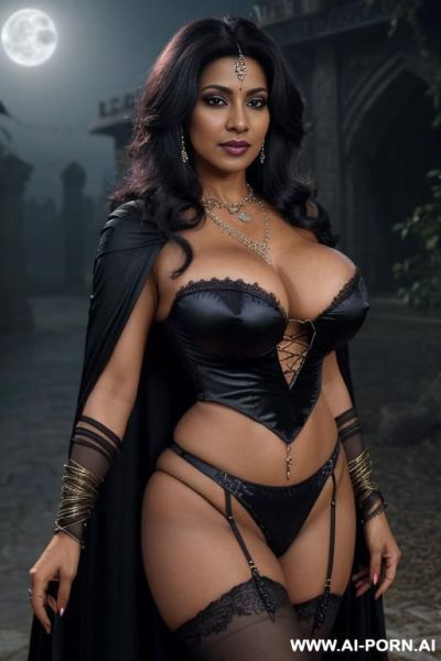 (bold mature pakistani mommy), (seductive eye contact), looking at viewer, (lustful face), (full voluminous hair), (necklaces), , (((perfect round breasts))), noir skin, (((dark black skin))), magical outfit,, wearing magical cape, - ai-porn.ai - Pakistan on pornintellect.com