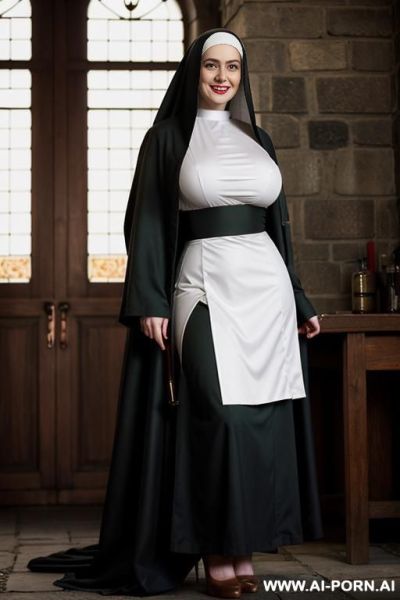 Photo realistic. beautiful irish woman dressed as a nun, wearing a traditional habit & wimple. skirt raised so that you can see she is wearing stockings & high heels. dark eye makeup. natural lipstick. - ai-porn.ai - Ireland on pornintellect.com