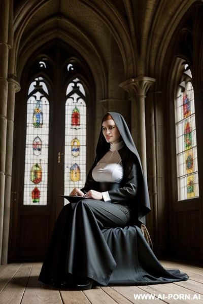 Beautiful nun dressed in traditional habit & wimple. skirt raised so that you can see she is wearing stockings & high heels. - ai-porn.ai on pornintellect.com