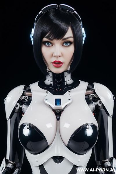 (beautiful very real very detailed shemale robot tranformer style robo-cop robot doll total meccanical artificial robot body woman) with long black hair and black-white glossy glass rubber latex - ai-porn.ai on pornintellect.com