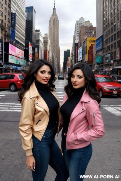 Latina brunette sisters wearing jackets with a new york back drop. - ai-porn.ai - state New York on pornintellect.com