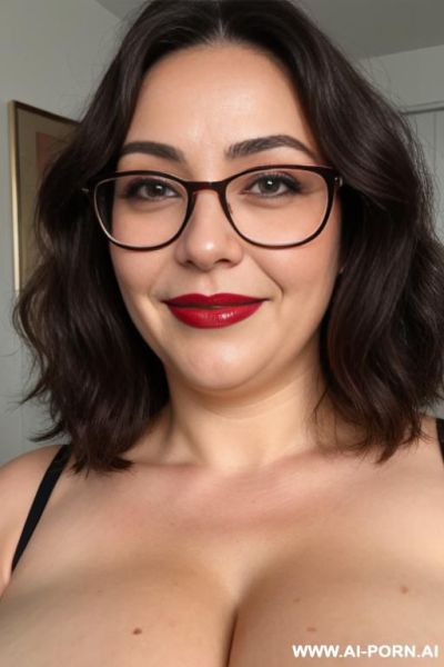 Glasses, lipstick, veins on breasts, lactating, full body, more chubby face, right breast slightly bigger than left breast, show full chest, add s - ai-porn.ai on pornintellect.com