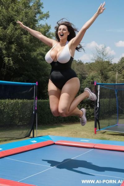 Jumping female, saggy oversized long tits in motion, jump, trampoline - ai-porn.ai on pornintellect.com