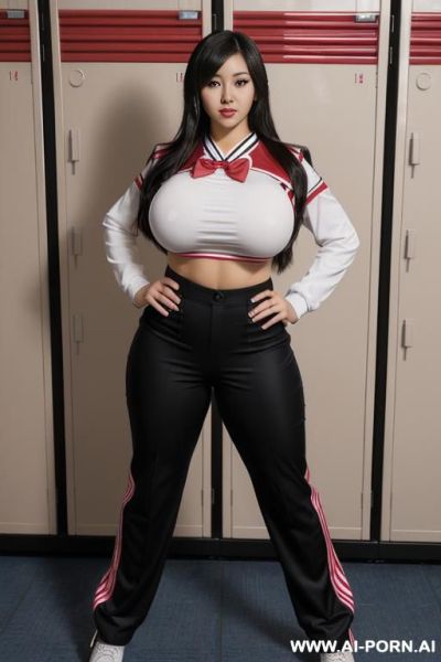 (huge massive gigantic boobs) with (massive ass), (cheerleader uniform) with (pants), (pretty), (japanese), (standing up), (full body), (realistic), (20 years old), (pixie) with (black hair), (locker room), (full view) - ai-porn.ai - Japan on pornintellect.com