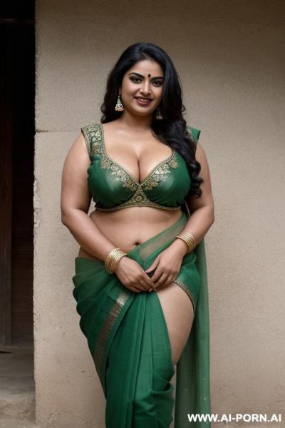 Indian chubby, busty aunty, curvy, wearing green semi nude sari, erotic smiling face, narrow open blouse, torn saree exposing pubic area, hairy pubic, pussy slip, downblouse, huge cleavage, dark - ai-porn.ai - India on pornintellect.com