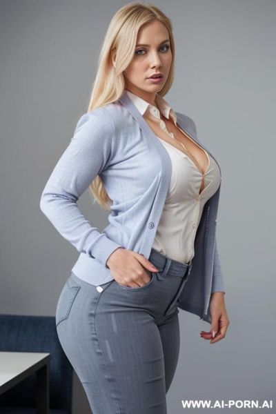 Blonde swedish, pink collared shirt, blue jeans, saggy knockers, gray cardigan, big ass, hourglass body, curvy, lateral view - ai-porn.ai - Sweden on pornintellect.com