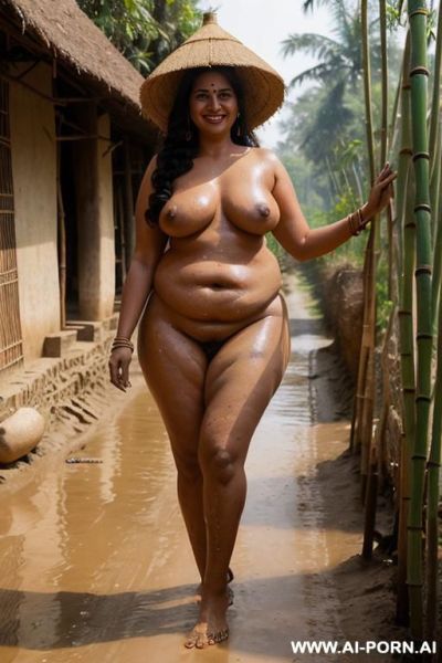 Indian ancient beauty, chubby, busty, curvy, semi nude, walking with bamboo basket on head, front view, village mud road, sexy, erotic, long curly hair, smiling, aged village man watching, erect penis, hairy pubic area, nip slip - ai-porn.ai - India on pornintellect.com
