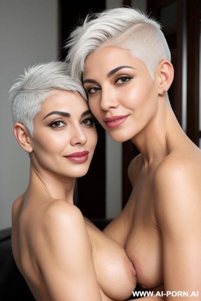 Beautiful arab naked and his naked mom , full view , hairy pussy, short pixie hair with shaved sides (( white hair )), - ai-porn.ai on pornintellect.com
