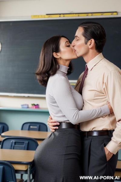 ((((milf teacher kissing a man)))) with (((((gigantic tits))))) (((makeup))) , (((big ass))) , black turtleneck sweater - ai-porn.ai on pornintellect.com