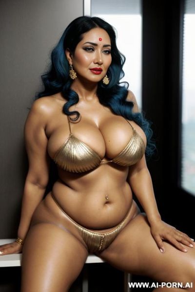 Ancient indian woman, golden color skin, busty, semi nude, curvy, chubby, curly long hair, temple servant, sitting, legs wide open, legs up, cleavage - ai-porn.ai - India on pornintellect.com