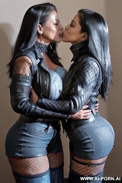 ((((two latina milfs kissing))) (((((gigantic tits))))) ((makeup)) , (((tight black leather jacket))) (((tight jean hotpants))) (((boots))) ((((big ass)))) (((fishnet stockings))) - ai-porn.ai on pornintellect.com