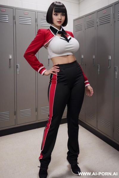 (huge massive gigantic boobs) with (massive ass), (cheerleader uniform) with (pants), (pretty), (japanese), (standing up), (full body), (realistic), (20 years old), (bangs) with (black) and (short hair), (locker room), (full view) - ai-porn.ai - Japan on pornintellect.com