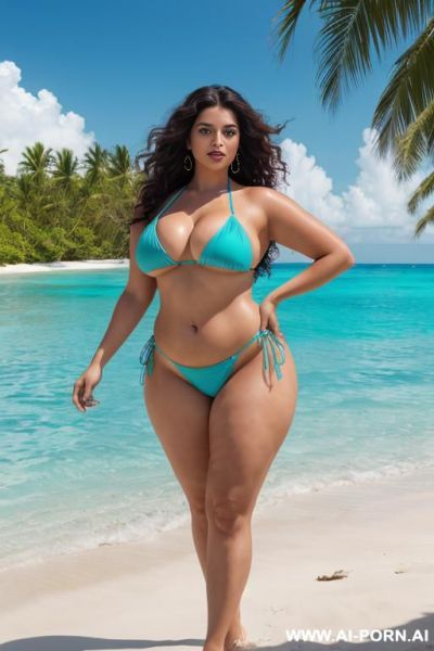 4k hyperrealistic, full-body portrait, voluptuous romani female character, barefoot, wide hips, thick strong thighs, plush legs, long dark curly hair, confident playful pose, aqua blue high-cut bikini, - ai-porn.ai on pornintellect.com