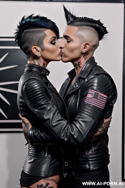 (((((tattooed latina milf kissing a man))))) with ((((gigantic tits)))) ((makeup)) , ((((tight black leather jacket)))) (((mohawk hair))) - ai-porn.ai on pornintellect.com