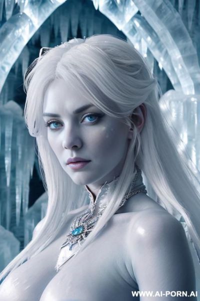 Ice queen, ((ice-(blue skin))), (goddess of winter, white hair, perfect round breasts, oversized large cleavege, ((super model)), seductive pose, ((( inside ice palace))), (((topless))), white underpants, - ai-porn.ai on pornintellect.com