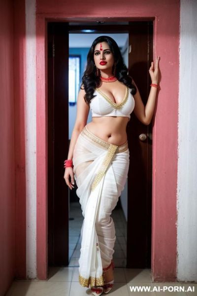 ((sana bhabhi)), fair white skin, red lipstick, wear a white sari, open legs, showing pussy, in doorway, neon lighting behind - ai-porn.ai on pornintellect.com