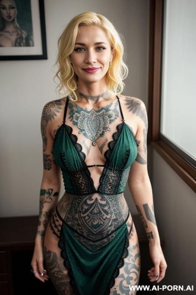 Multiple tattoes, long hair, beautiful dress - ai-porn.ai on pornintellect.com