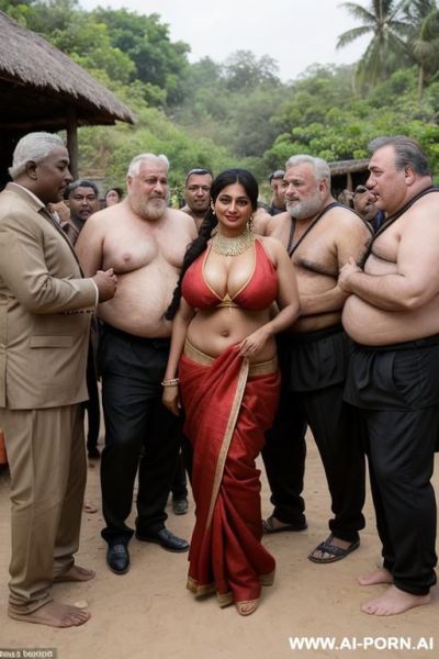 Milf, sexy sari, outdoors village, cleavage, multiple old men around, surrounded by fat old men, shirtless men, dark-skinned men, imminent gangbang - ai-porn.ai on pornintellect.com