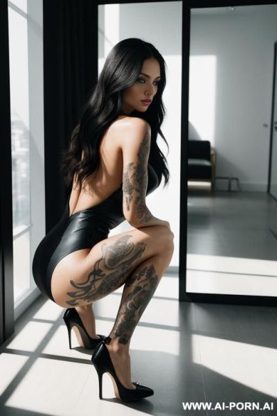 Mirror selfie of a woman crouching on the floor in a modern bright room, natural soft daylight, long dark hair, detailed full-arm tattoos, wearing high heels and a stylish black backless - ai-porn.ai on pornintellect.com
