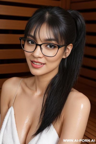 Full shot, large shot, asian woman, glasses, long straight black hair, low sleek ponytail tied at nape of neck, side-swept wispy bangs covering forehead, long face-framing strands left loose on - ai-porn.ai on pornintellect.com