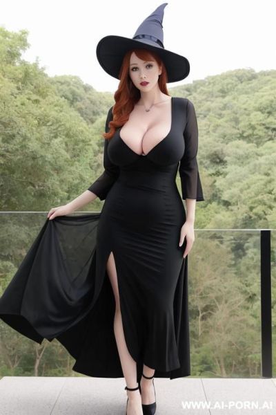 Long black dress with sleeves, witch hat, narrow waist, milf, casual - ai-porn.ai on pornintellect.com