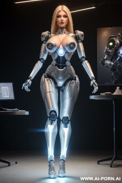 Damaged robot, front view, full body view, standing in office, looking at viewer, beautiful angry human face with tanned silicone skin, shouting, long straight blonde hair, big lips, wide jaw, - ai-porn.ai on pornintellect.com