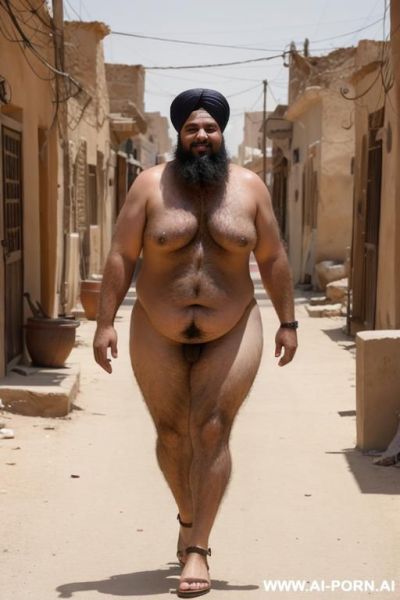 Woman in b and sandals, naked show bare, show naked pussy, walking thru dusty town, followed by a fat hairy man in a turban and burnoose - ai-porn.ai on pornintellect.com