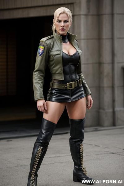 A character from the mortal kombat film, sonya blade, blonde, wearing a short military jacket and leather boots. - ai-porn.ai on pornintellect.com