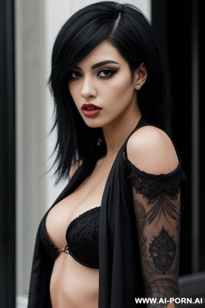 Beautiful black haired women with a slighty emo yet attitude and style. - ai-porn.ai on pornintellect.com