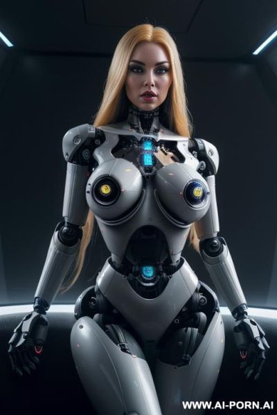 Damaged robot, front view, full body view, sitting in armchair in spaceship, looking at viewer, beautiful angry human face with tanned silicone skin, shouting, long straight blonde hair, big lips, - ai-porn.ai on pornintellect.com