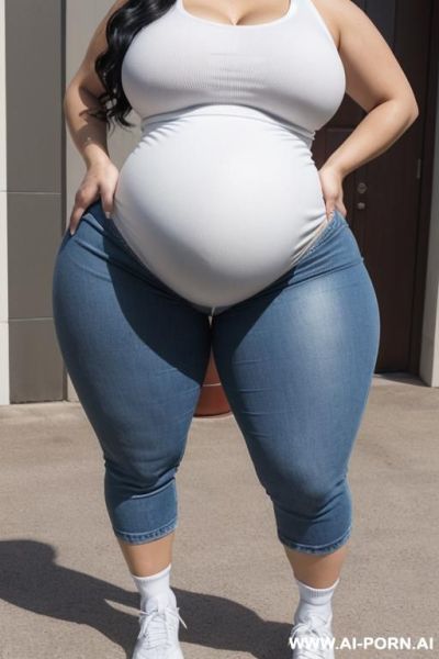 (((sporty woman), (fit body), (pear body shape), (pregnant), (thick thighs), (huge thighs), (massive thighs), (gigantic thighs), (huge hips), (massive hips), (gigantic hips))), (standing: hands on hips), - ai-porn.ai on pornintellect.com