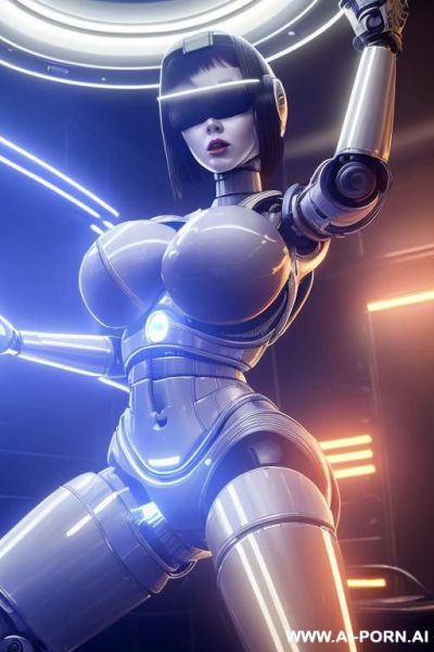 Damaged robot, front view, full body view, sitting in armchair in spaceship, looking at viewer, beautiful angry human face with tanned silicone skin, shouting, long straight blonde hair, big lips, - ai-porn.ai on pornintellect.com
