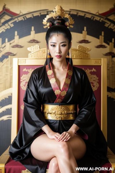 Empress of china, full empress robe, sitting on golden throne in big palace, her iq is ultra-high, very smart, amused, big ancient painting of countryside is behind her - ai-porn.ai on pornintellect.com