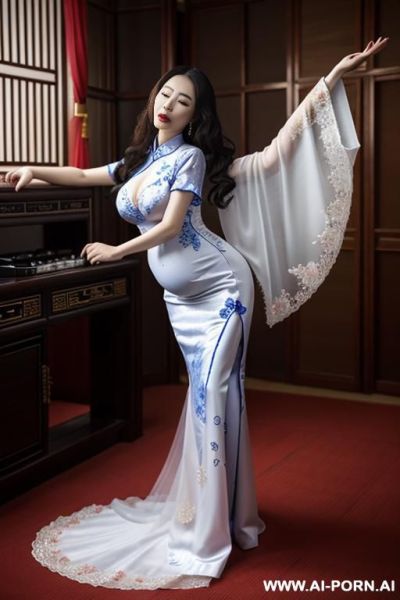 Empress of china, chinese woman, eyes closed, screaming orgasm, bed, pregnant, chinese dress, older woman. chinese queen. chinese traditional dress. gy - ai-porn.ai - China on pornintellect.com