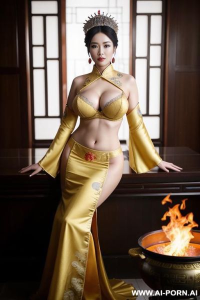 Ultratealistic photo, empress of china, nude, use traditional chinese dress, royal dress and tiara, fire burning in cauldrons in some places,, - ai-porn.ai - China on pornintellect.com