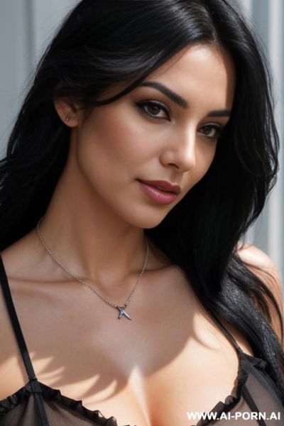 Close-up portrait of a woman with long, jet-black hair and black-gray contact lenses. bright morning sunlight from a strong, directional light source creates distinct shws on her face and long, - ai-porn.ai on pornintellect.com