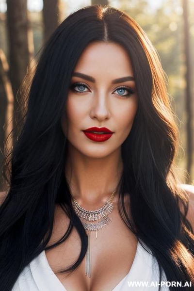 Gorgeous cacked woman with long hair and blue contact lenses, red lipstick. bright morning sunlight from a strong, directional light source creates distinct shws on her face and long, layered. she is revealing her breasts. she is wearing a necklace. - ai-porn.ai on pornintellect.com