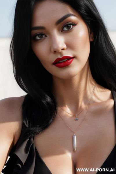 A woman with long, jet-black hair and black-gray contact lenses, red lipstick. bright morning sunlight from a strong, directional light source creates distinct shws on her face and long, layered, - ai-porn.ai on pornintellect.com