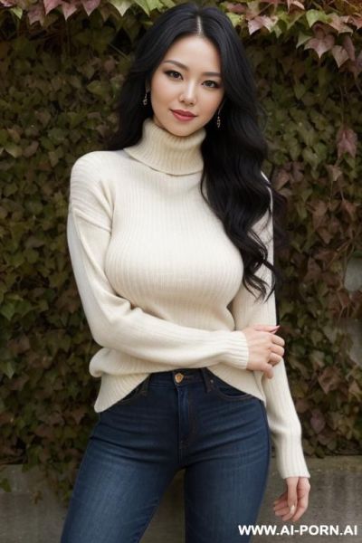 Pretty, japanese, caucasian, 30, flowing wavy hair, black hair, natural boobs, slight smile, makeup, eye shw, standing, spreading legs, turtleneck sweater, jeans, walled garden background. - ai-porn.ai - Japan on pornintellect.com
