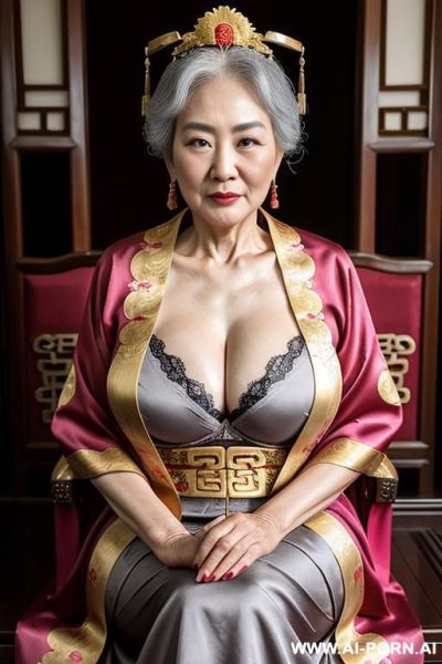 Empress of china, chinese traditional dress, old woman, older woman, sitting in the golden throne. licking staff - ai-porn.ai - China on pornintellect.com