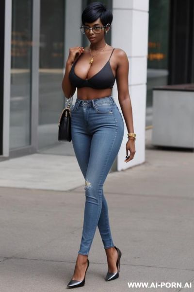 (hot sexy tall woman) (dark skin) ( huge tits) (pixie haircut) (high heels) (glasses) (full body shot) - ai-porn.ai on pornintellect.com
