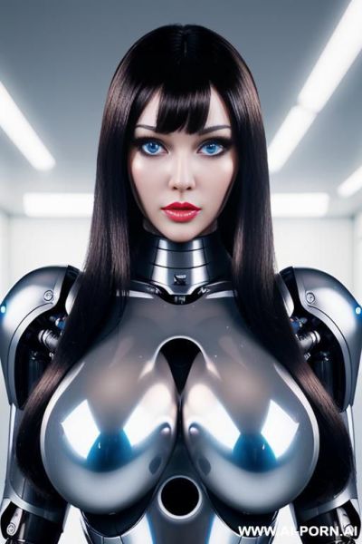 (beautiful very real very detailed robot doll total meccanical artificial robot body woman) with long black hair and black-white glossy glass rubber latex transparent colored skin threads, glowing - ai-porn.ai on pornintellect.com