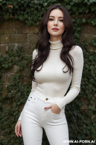 Pretty, english, 30, flowing wavy hair, dark brown hair, very white skin, natural boobs, slight smile, makeup, eye liner, standing, spreading legs, turtleneck, jeans, walled, garden background. - ai-porn.ai - Britain on pornintellect.com