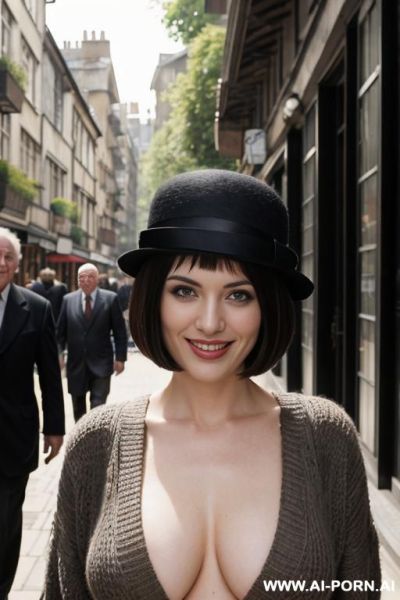 Tree lined street, bowler hat, topless, surrounded by old men - ai-porn.ai on pornintellect.com