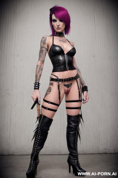 Completly naked, bad woman, punk woman, serious, vi from arcane serie, muscular female, high heels, boots - ai-porn.ai on pornintellect.com