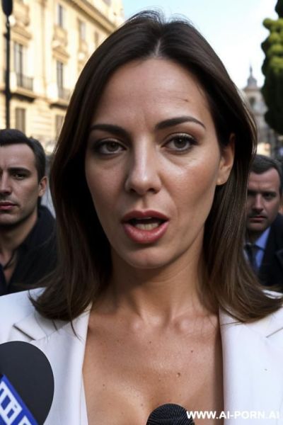 Street near spanish parliament, topless, suit skirt, showing boobs, kissing, dense white cum dripping face, surrounded by reporters holding microphones - ai-porn.ai - Spain on pornintellect.com